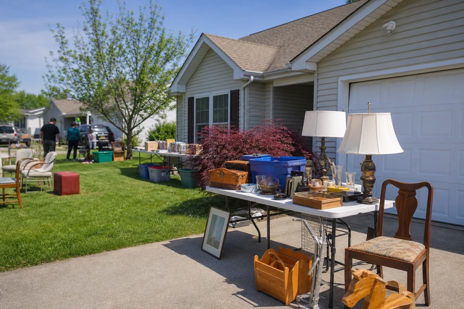 A neighbourhood garage sale on a driveway
