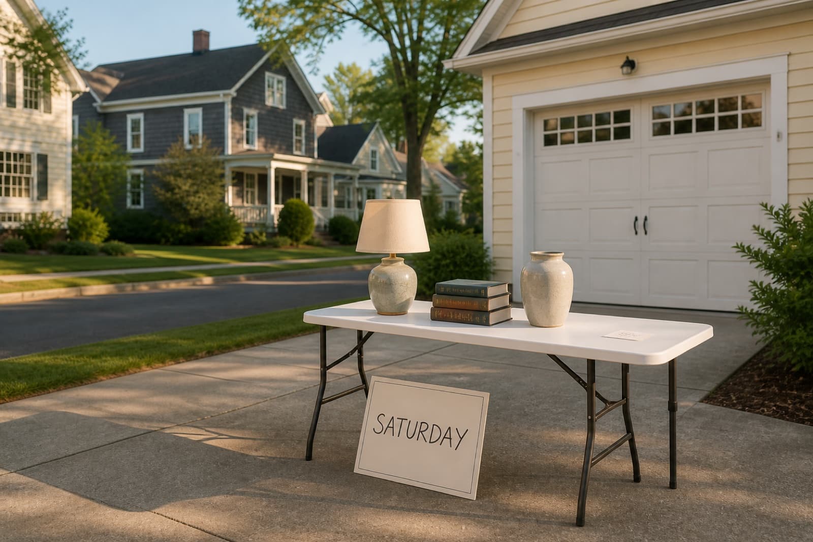 A Saturday garage sale on a residential driveway