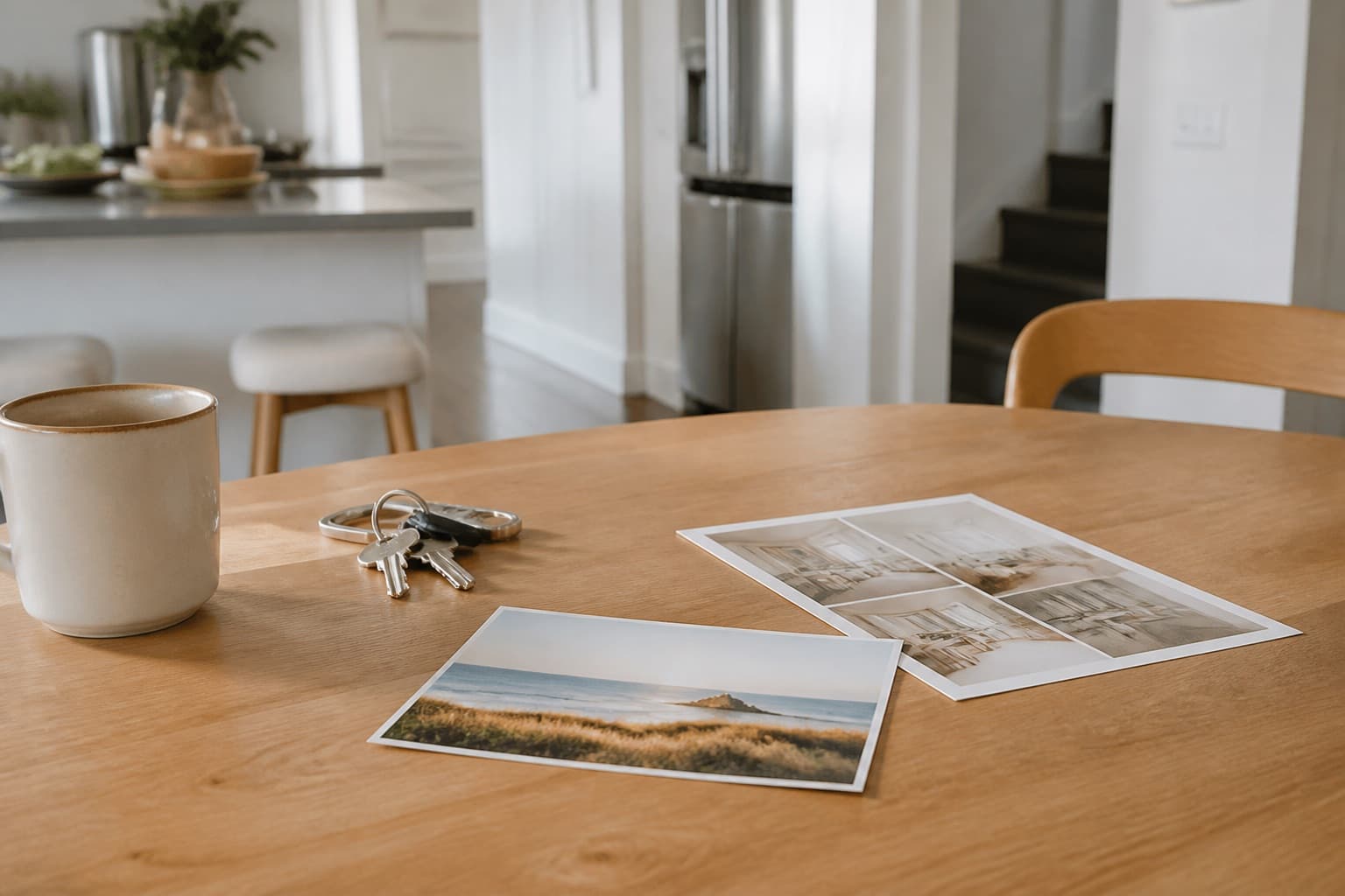 A postcard on the kitchen table next to the keys